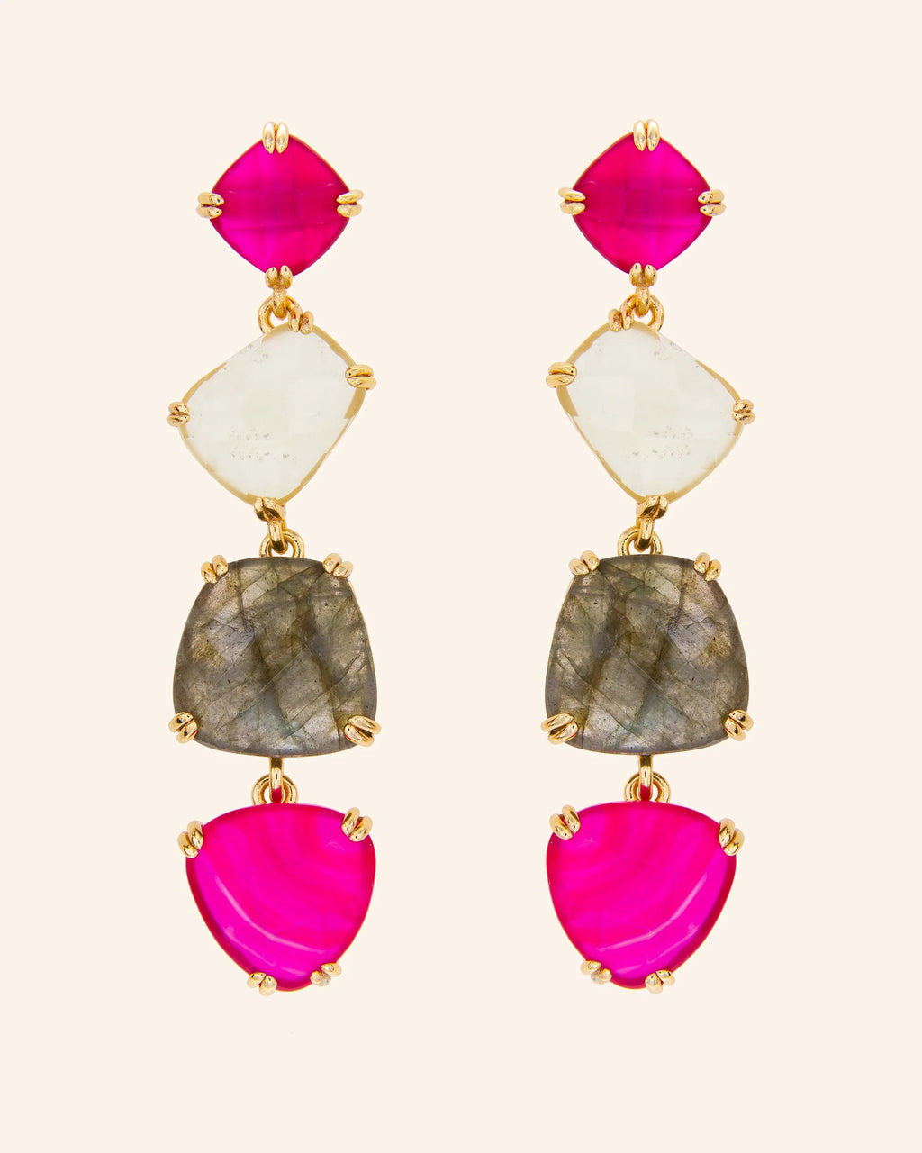 Pendientes Nereida con ágata de color frambuesa, labradorita y cuarzo limón