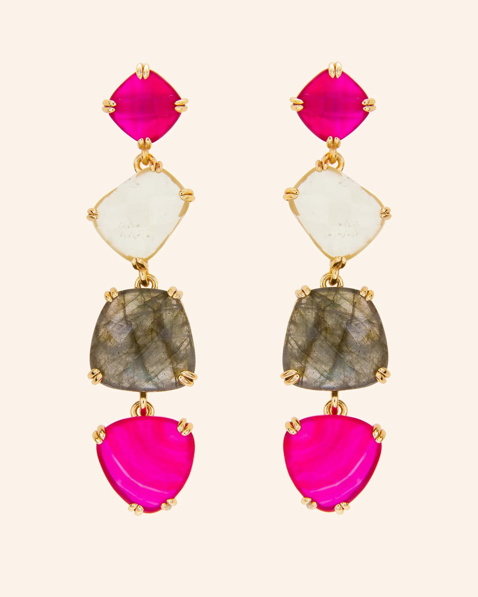Pendientes Nereida con ágata de color frambuesa, labradorita y cuarzo limón